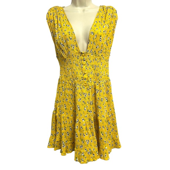 ASOS DESIGN Dresses & Skirts - ASOS DESIGN Mini Dress Womens 8 Yellow Floral Deep V Smocked Sundress Ruffle